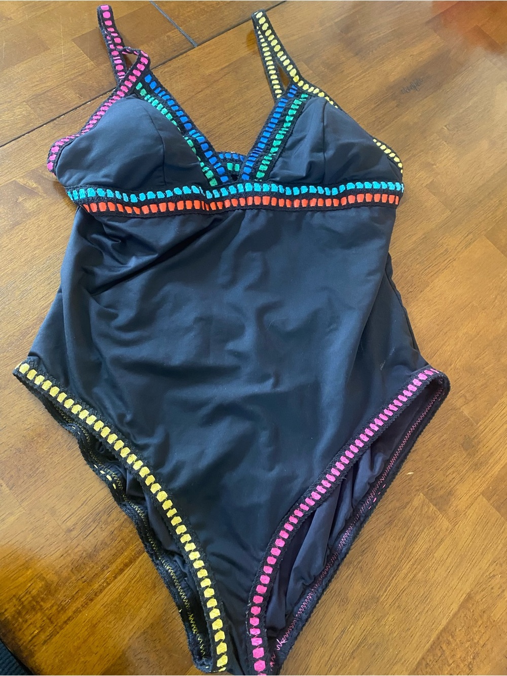 Women’s Black One-Piece Swimsuit with Rainbow Trim. Blanca size16.